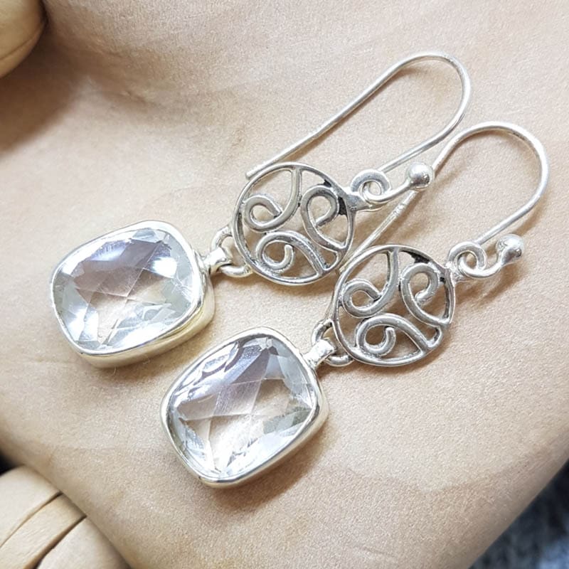 Sterling Silver Long Rectangular Clear Crystal Quartz Ornate Filigree Drop Earrings