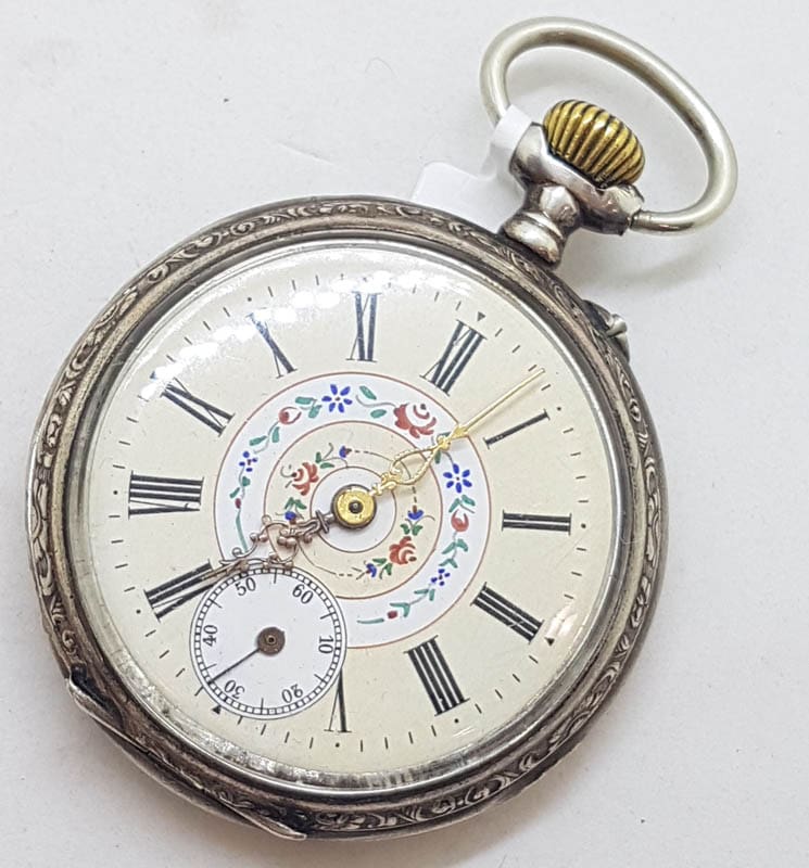 Sterling Silver Beautiful Ornate Fob Watch / Pocket Watch with Floral Motif - Antique / Vintage