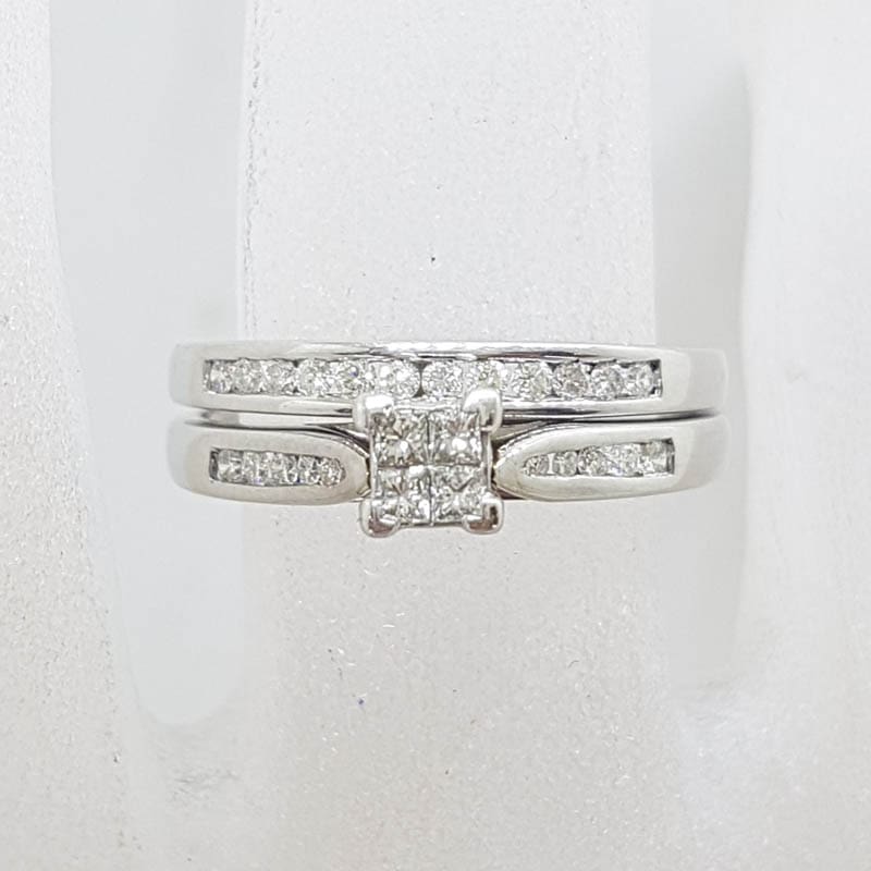 9ct White Gold Channel Set and Claw Set Diamond Engagement Ring and Wedding Ring Set - Square Setting