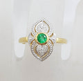 9ct Yellow Gold Natural Emerald &amp; Diamond Ornate Art Deco Style Cluster Ring
