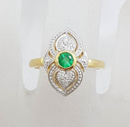 9ct Yellow Gold Natural Emerald &amp; Diamond Ornate Art Deco Style Cluster Ring