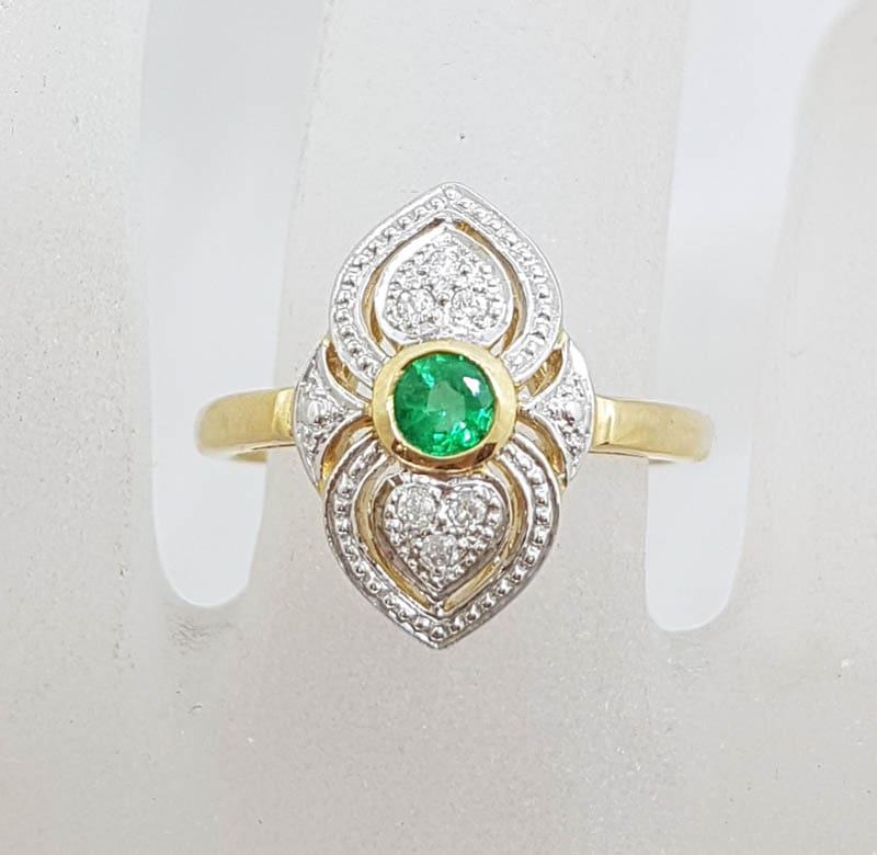 9ct Yellow Gold Natural Emerald &amp; Diamond Ornate Art Deco Style Cluster Ring