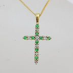 9ct Yellow Gold Natural Emerald and Diamond Crucifix  / Cross Pendant on 9ct Chain