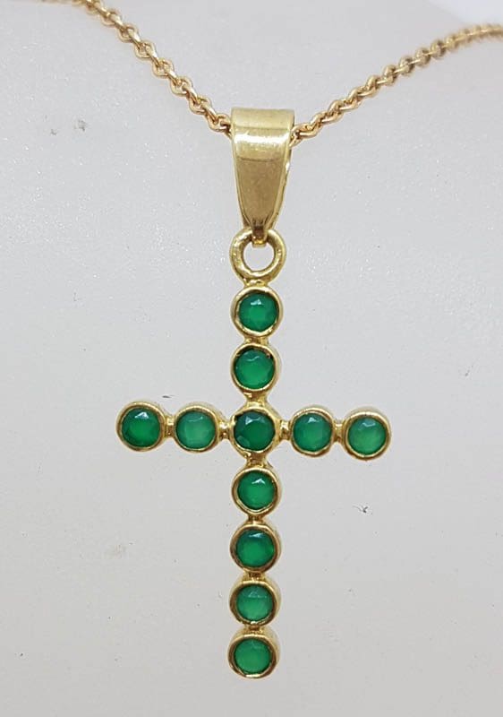 9ct Yellow Gold Natural Emerald Cross / Crucifix Pendant on Gold Chain