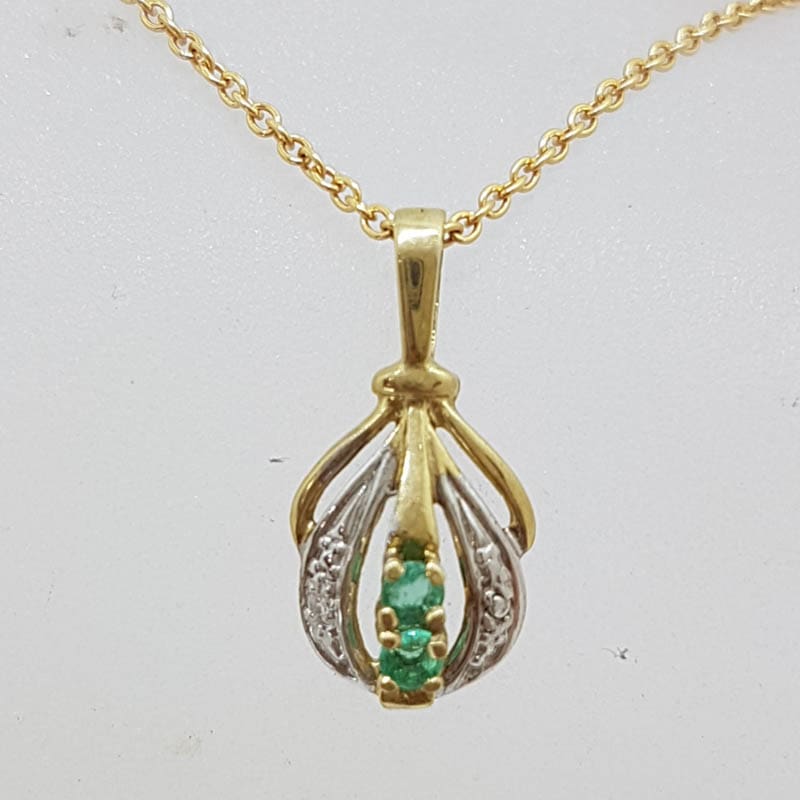9ct Yellow Gold Natural Emerald and Diamond Pendant on Gold Chain