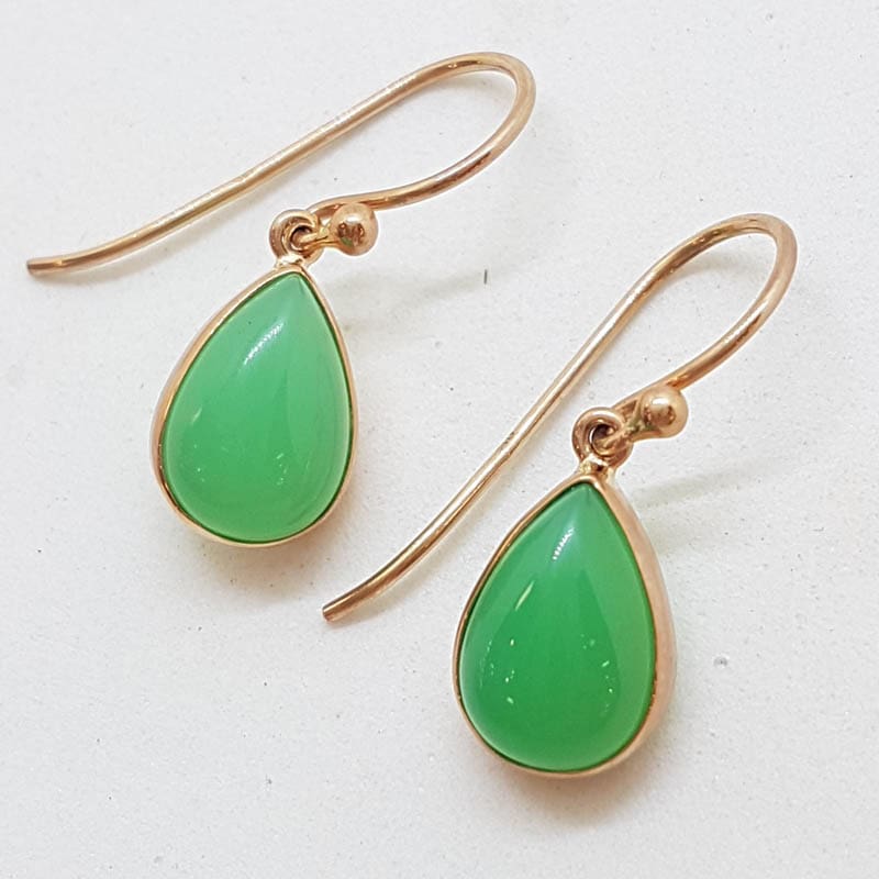 9ct Rose Gold Teardrop / Pear Shape Bezel Set Chrysoprase Drop Earrings