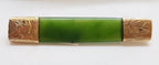 9ct Yellow Gold Elongated Ornate Design New Zealand Green Stone Jade Bar Brooch - Antique / Vintage