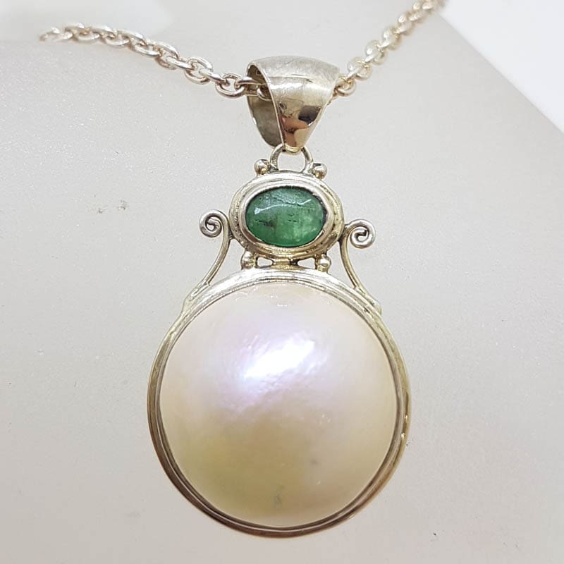 Sterling Silver Emerald &amp; Mabe Pearl Pendant on Sterling Silver Chain