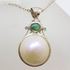 Sterling Silver Emerald &amp; Mabe Pearl Pendant on Sterling Silver Chain