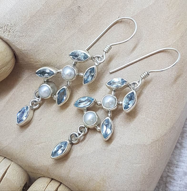 Sterling Silver Blue Topaz and Pearl Long Leaf Design Drop Earrings