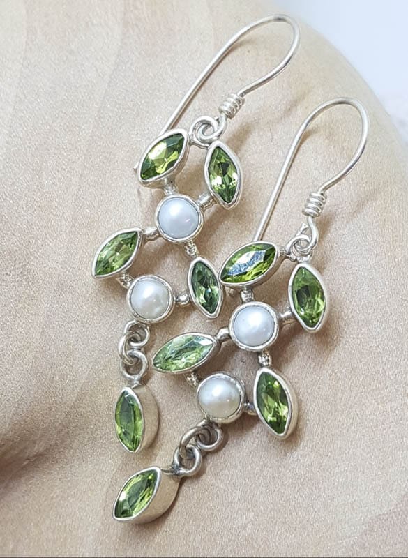 Sterling Silver Peridot &amp; Pearl Long Leaf Design Drop Earrings