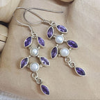 Sterling Silver Amethyst &amp; Pearl Leaf Long Drop Earrings