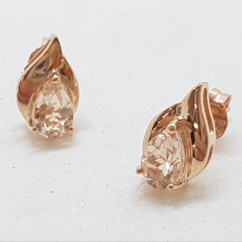 9ct Rose Gold Natural Morganite - Teardrop / Pear Shape - Studs / Earrings