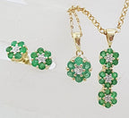 9ct Yellow Gold Natural Emerald and Diamond 3 Daisy Cluster Pendant on Gold Chain
