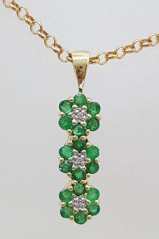 9ct Yellow Gold Natural Emerald and Diamond 3 Daisy Cluster Pendant on Gold Chain