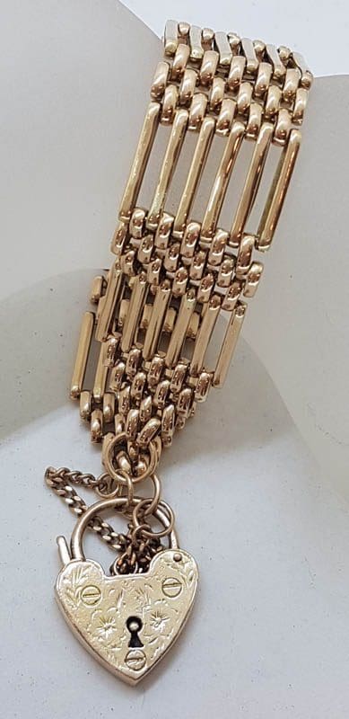 9ct Rose Gold Wide Gatelink Bracelet with Heart Padlock - Antique / Vintage