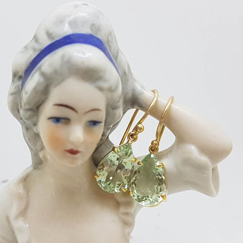 9ct Yellow Gold Claw Set Teardrop / Pear Shape Green Amethyst / Prasiolite Drop Earrings