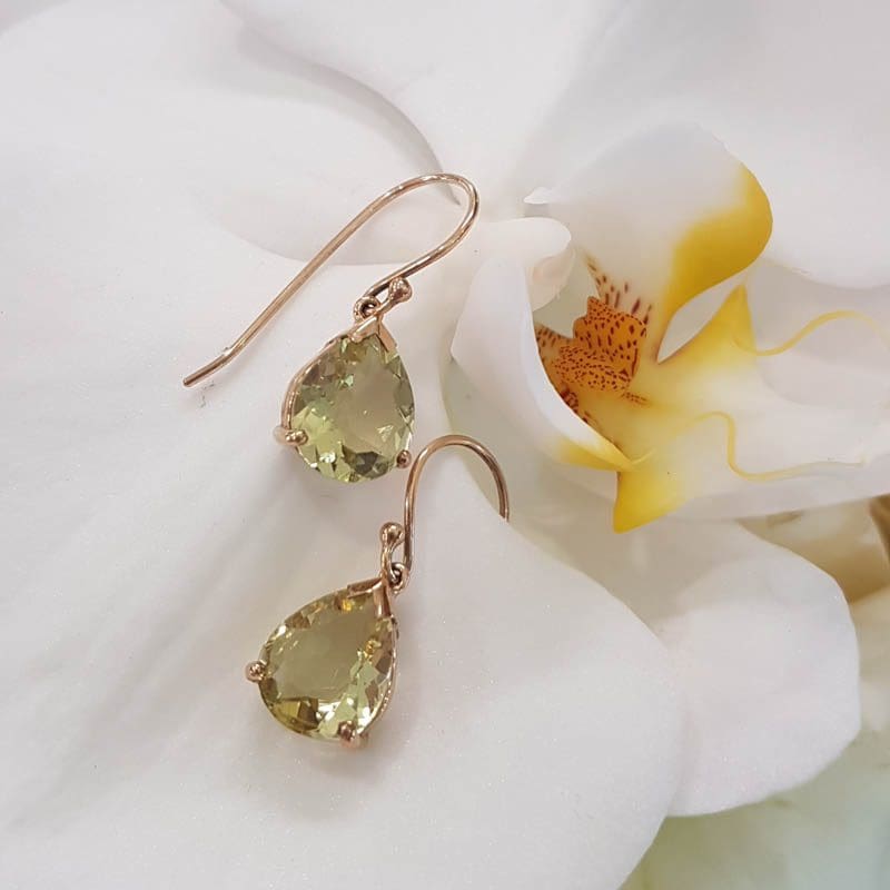 9ct Yellow Gold Teardrop / Pear Shape Lemon Citrine Drop Earrings - Lemon Quartz