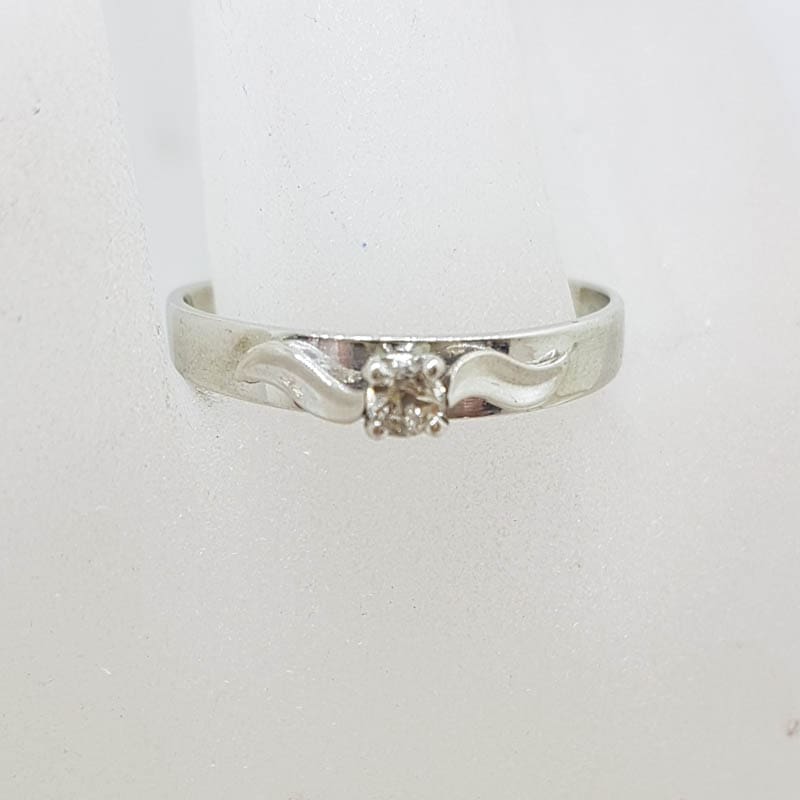 9ct White Gold Claw Set Solitaire Diamond with Leaves on Side Ring - Antique / Vintage - Engagement Ring