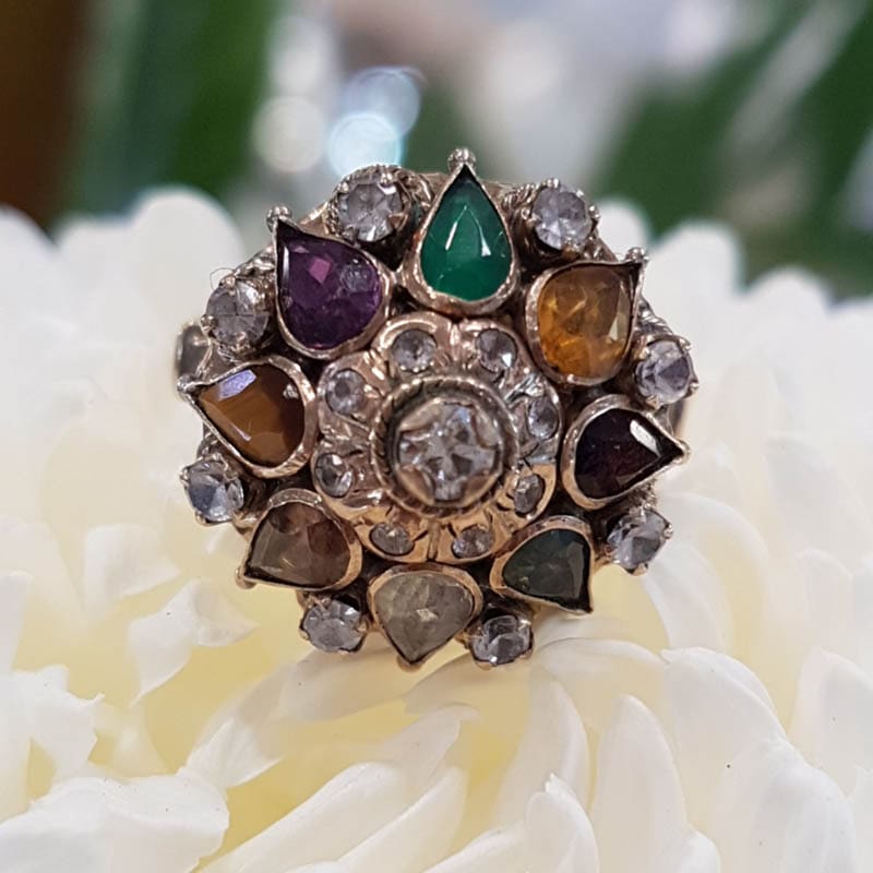 14ct Yellow Gold Large Multi-Coloured Gem Princess Cluster Ring - Antique / Vintage