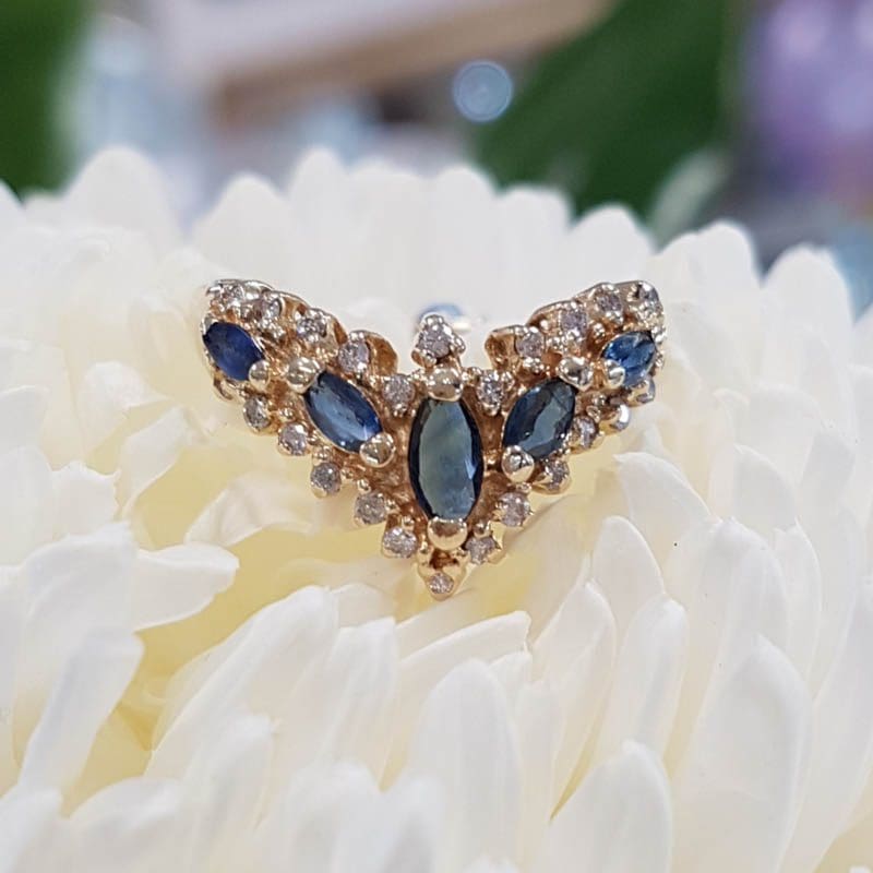 14ct Yellow Gold Natural Sapphire & Diamond Large Ornate Curved/Wishbone Ring - Antique / Vintage