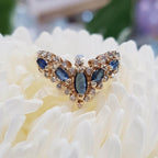 14ct Yellow Gold Natural Sapphire & Diamond Large Ornate Curved/Wishbone Ring - Antique / Vintage
