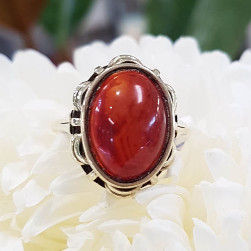14ct Yellow Gold Large Oval Cabochon Cut Carnelian with Ornate Bezel Set Setting Ring - Antique / Vintage
