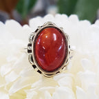 14ct Yellow Gold Large Oval Cabochon Cut Carnelian with Ornate Bezel Set Setting Ring - Antique / Vintage