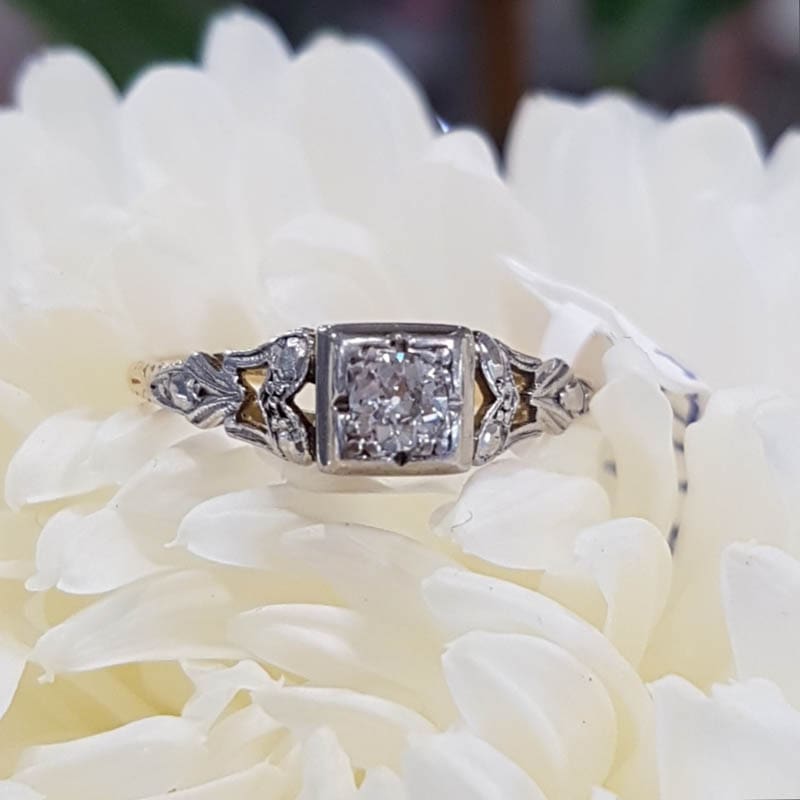 18ct Yellow Gold and White Gold Ornate Set Diamond Engagement Ring / Dress Ring - Antique / Vintage
