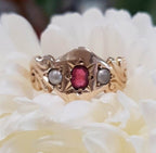 15ct Yellow Gold Natural Ruby &amp; Seed Pearl Ring - Antique / Vintage