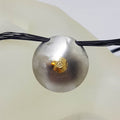 18ct White Gold with Yellow Gold Matte Finish Unusual Large Round Domed Disc Pendant on Black Necklace / Chain - Designer