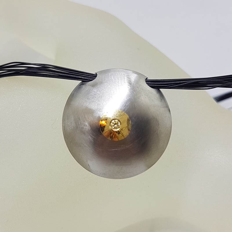 18ct White Gold with Yellow Gold Matte Finish Unusual Large Round Domed Disc Pendant on Black Necklace / Chain - Designer