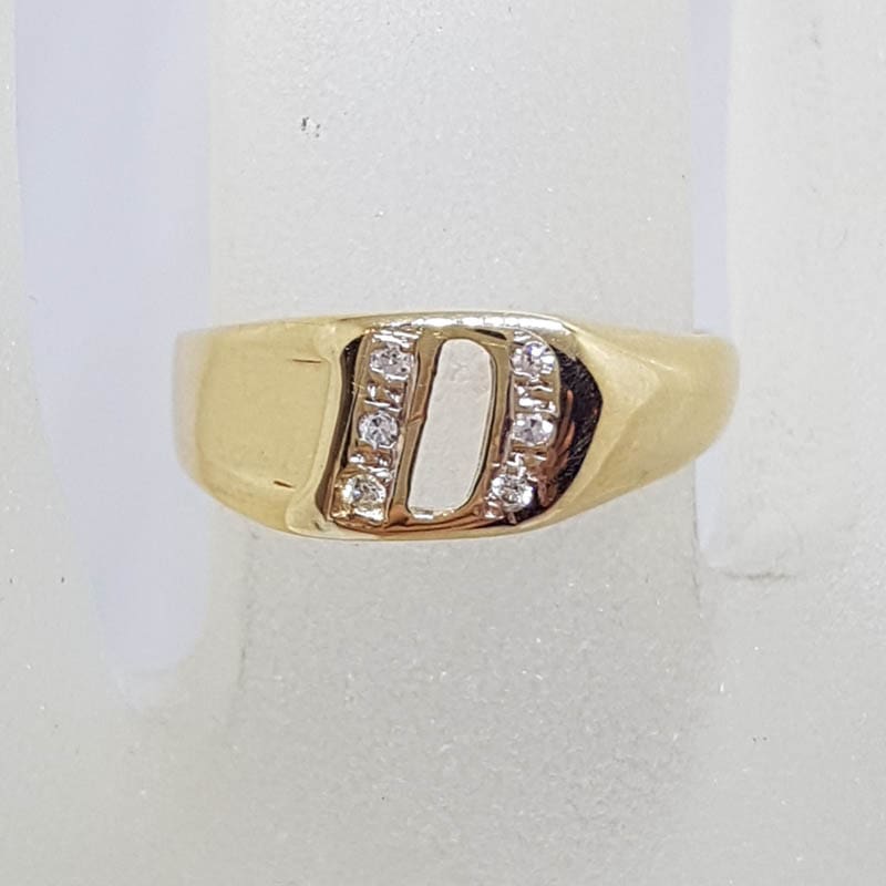 14ct Yellow Gold Initial Letter D Diamond Signet Ring - Vintage