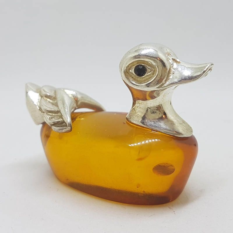 Duck – Solid Sterling Silver Natural Baltic Amber Animal Figurine / Statue / Sculpture