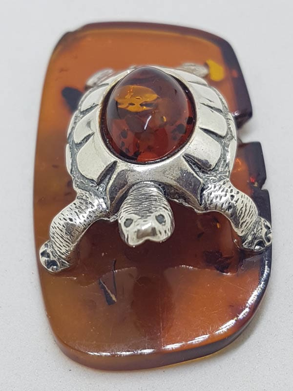Turtle / Tortoise  – Solid Sterling Silver Natural Baltic Amber Animal Figurine / Statue / Sculpture