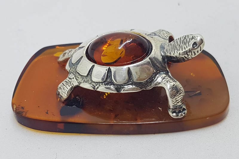 Turtle / Tortoise  – Solid Sterling Silver Natural Baltic Amber Animal Figurine / Statue / Sculpture