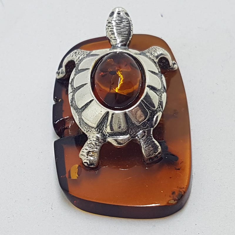Turtle / Tortoise  – Solid Sterling Silver Natural Baltic Amber Animal Figurine / Statue / Sculpture