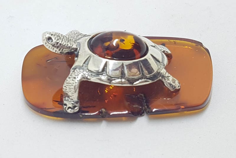 Turtle / Tortoise  – Solid Sterling Silver Natural Baltic Amber Animal Figurine / Statue / Sculpture
