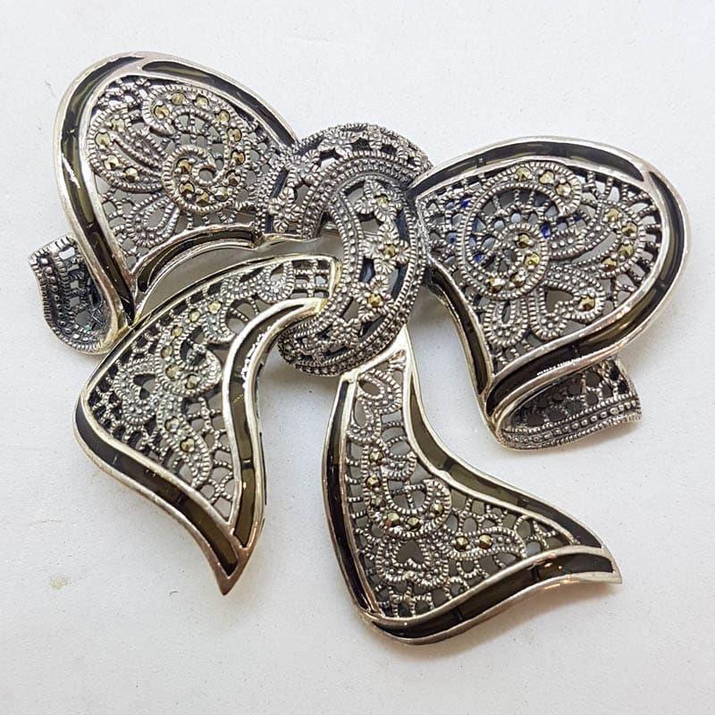 Sterling Silver Large Green Enamel and Marcasite Ornate Design Bow Brooch