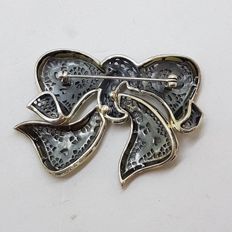 Sterling Silver Large Green Enamel and Marcasite Ornate Design Bow Brooch