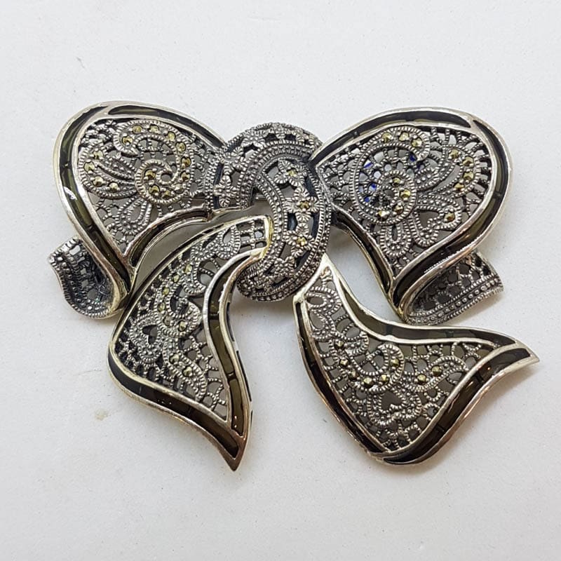 Sterling Silver Large Green Enamel and Marcasite Ornate Design Bow Brooch