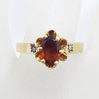 9ct Yellow Gold Oval Garnet with 2 Diamonds in a Flower Design Ring - Antique / Vintage