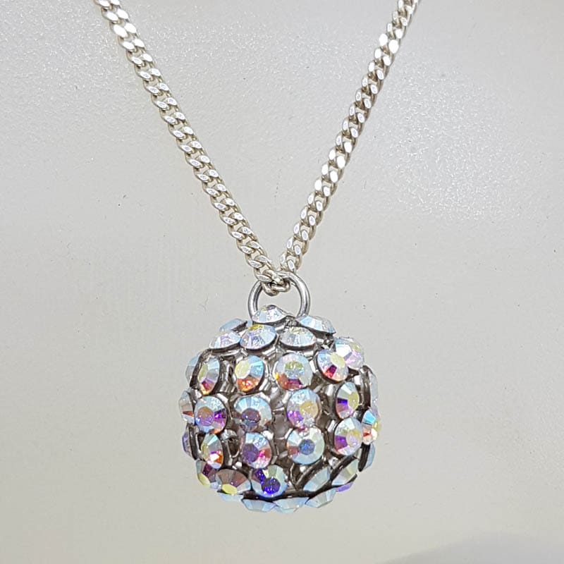 Sterling Silver Aurora Borealis Rhinestone Ball Pendant on Silver Chain