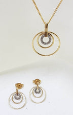 9ct Yellow Gold Diamond Circles Pendant on Gold Chain with Matching Earrings - Set