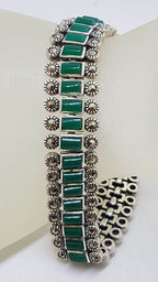 Sterling Silver Marcasite with Green Onyx / Agate Wide and Heavy Bracelet