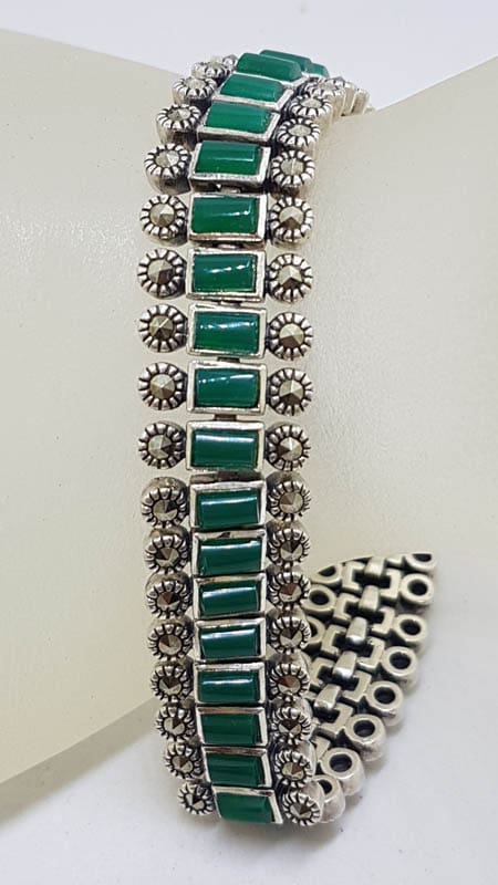 Sterling Silver Marcasite with Green Onyx / Agate Wide and Heavy Bracelet