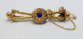 15ct Yellow Gold Ornate Bar Brooch with Blue Stone - Vintage / Antique
