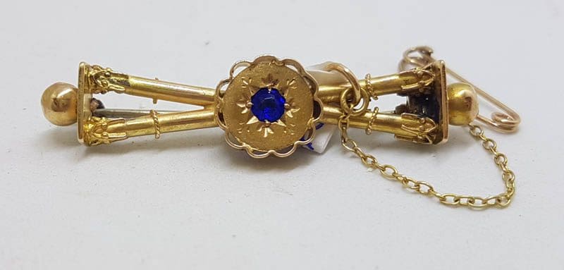 15ct Yellow Gold Ornate Bar Brooch with Blue Stone - Vintage / Antique