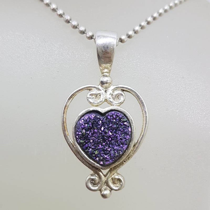 Sterling Silver Blue Druzy Heart Pendant on Silver Chain