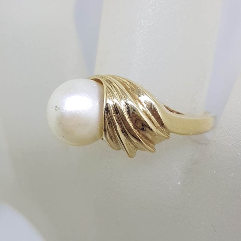 9ct Yellow Gold Unusual Twist Pearl Ring - Antique / Vintage